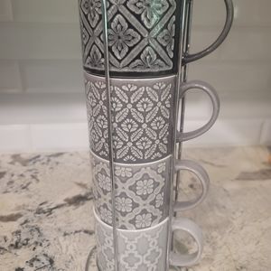 ☕️4 x Gray Coffee Cups Mug Set with Metal Rack